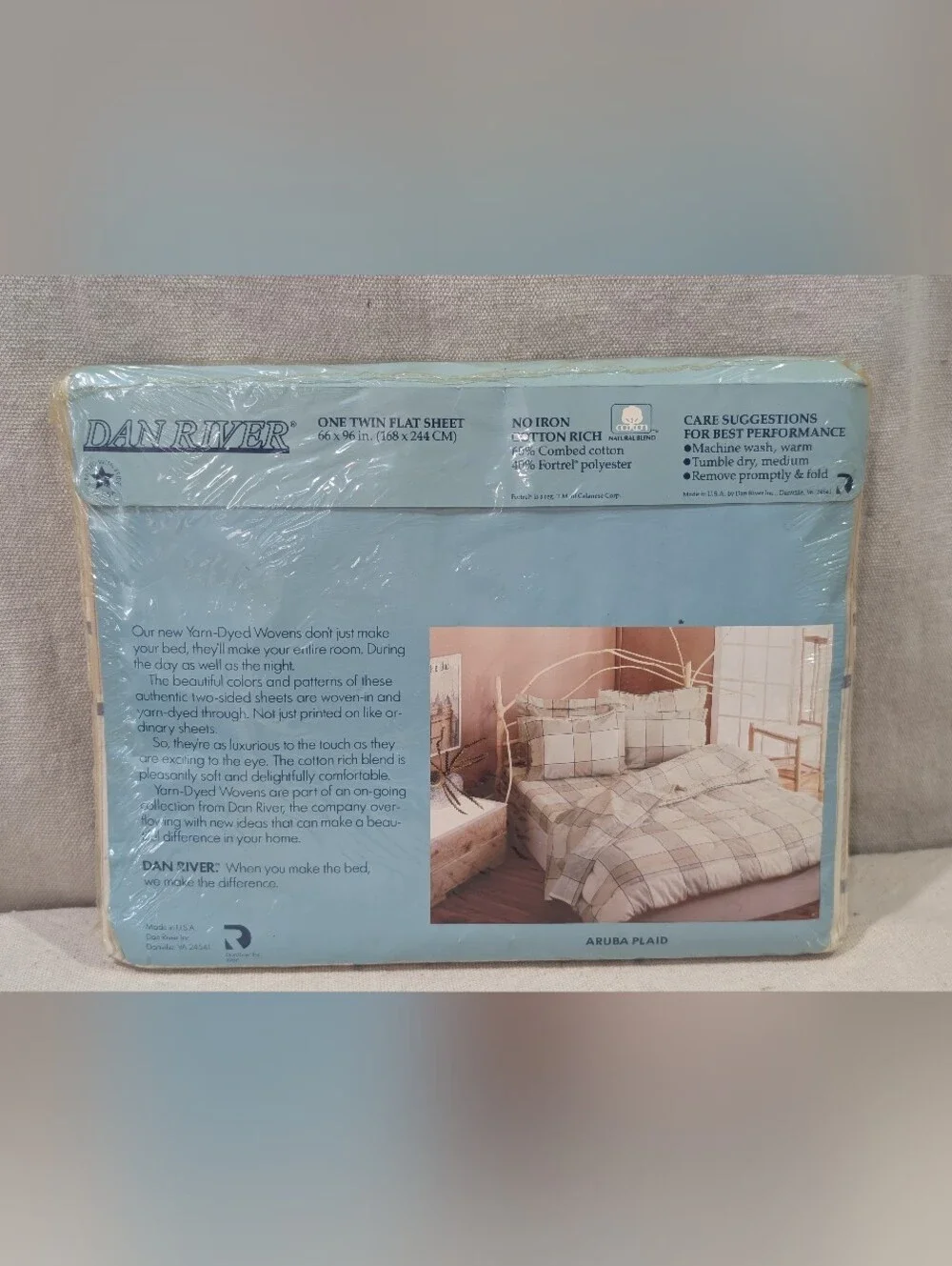 VTG NOS Bed SHEET TWIN Fitted Dan River 1986 Aurba Plaid No Iron Cotton Blue Tan